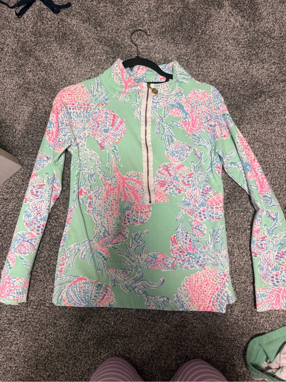 Lilly Pulitzer Mint Green Pink Blue Coral Print Quarter Zip Pullover
